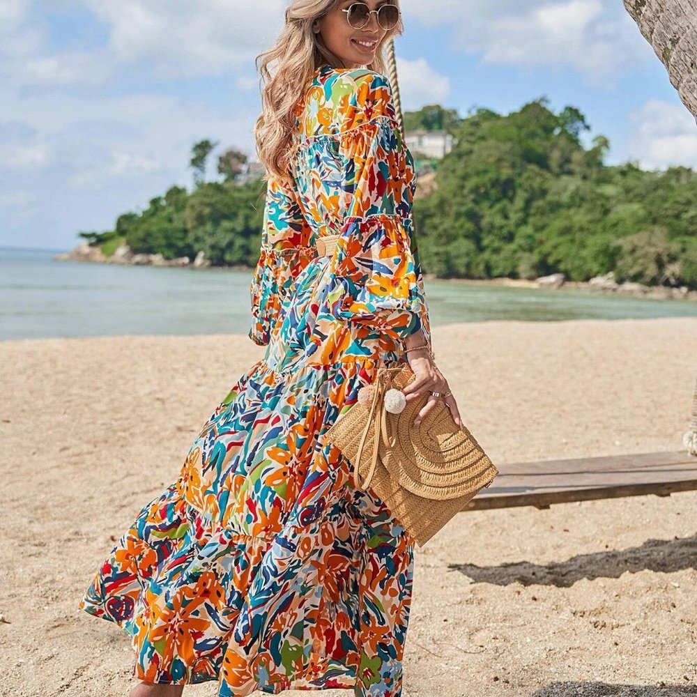Multicolor Boho Womens Floral Print Lantern Sleeve Dress Without Belt - Picture 2 of 5